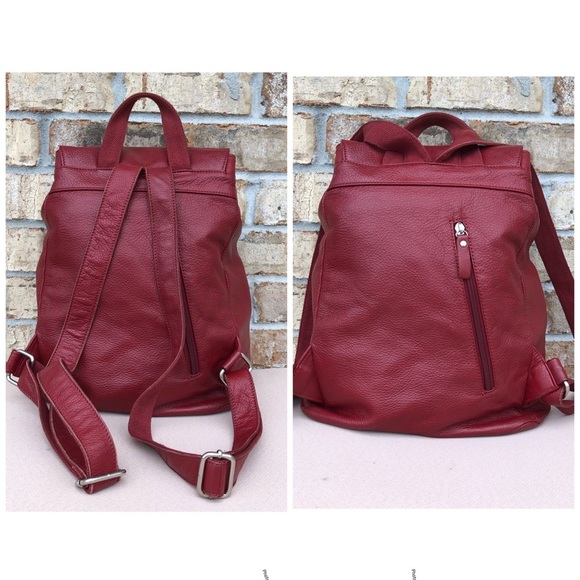 Amerileather Miles  (#1513-025) Leather Red Multi Pockets Versatile Backpack - Picture 6 of 16